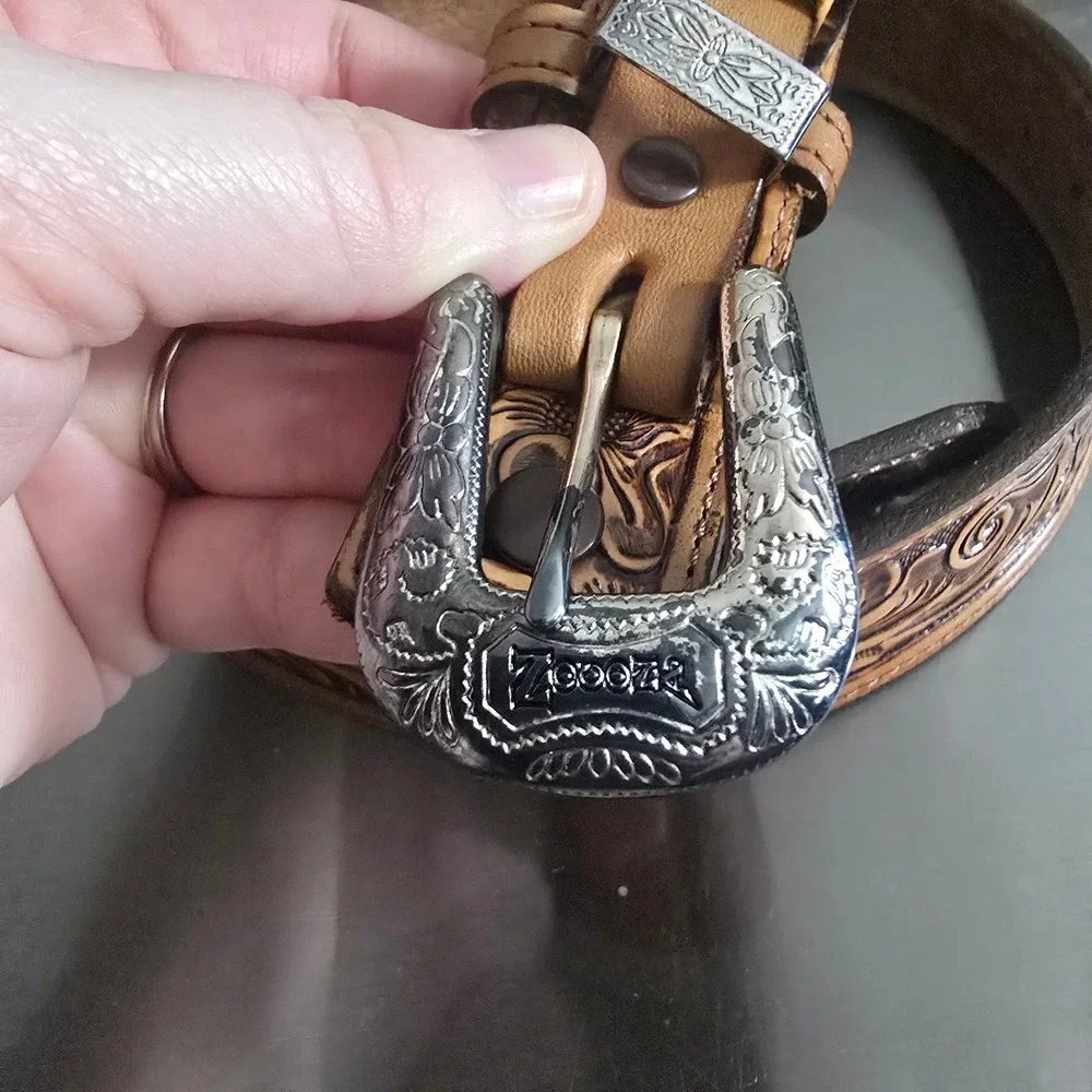 Zooozs Western Floral Tooled Leather Belt Silver Engraved Buckle Tip Tan Brown
